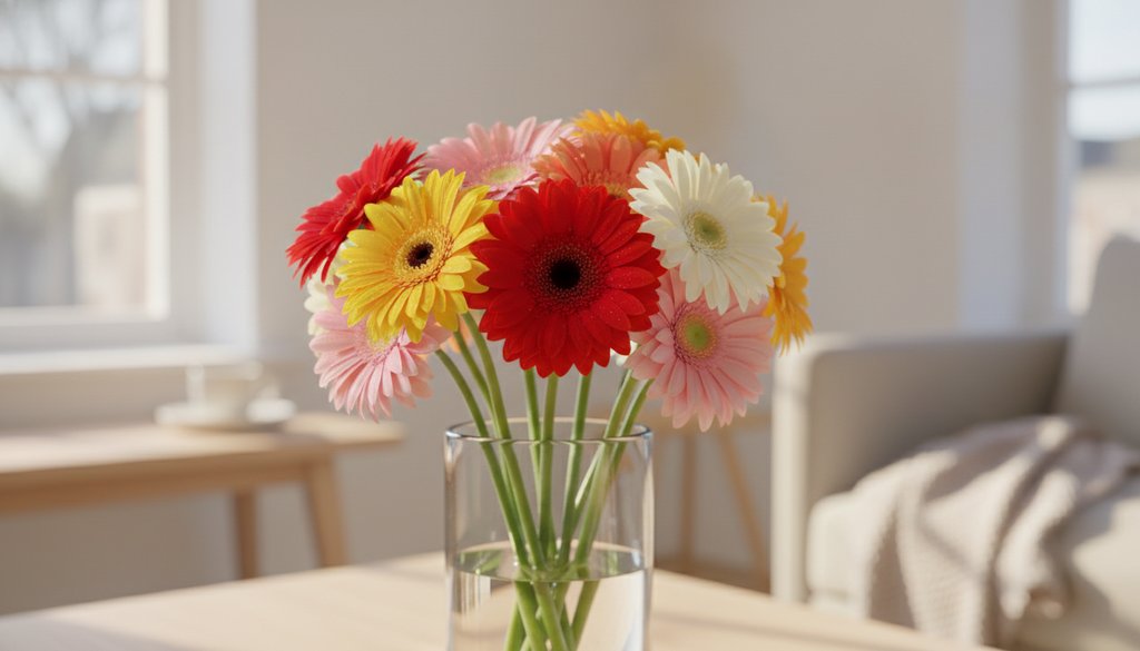 Een vrolijk boeket met diverse kleuren Gerbera's in een glazen vaas op een lichte achtergrond.