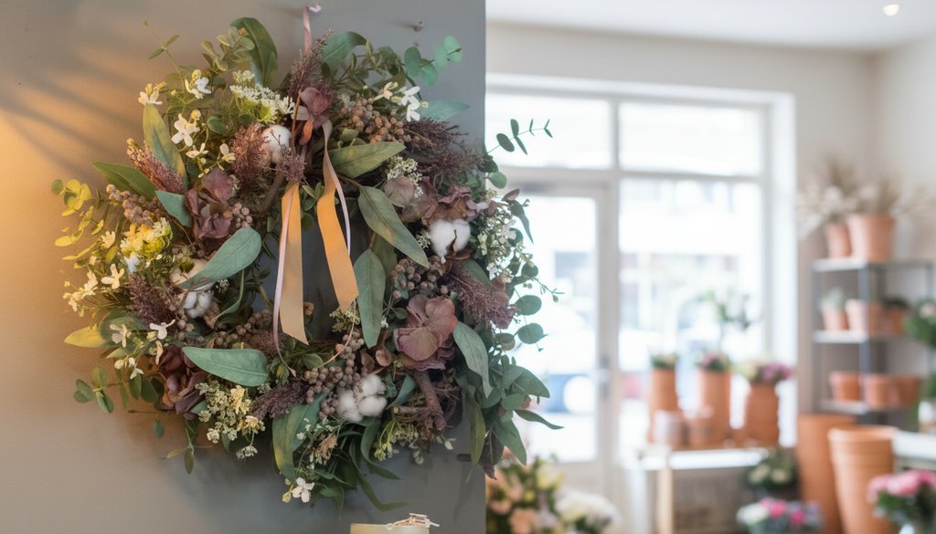 Prachtige, handgemaakte zijden krans met diverse bloemen en groen, perfect voor de zomer.