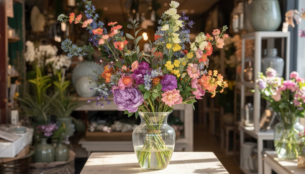 Een vrolijk zomerboeket in een glazen vaas met pioenrozen, kleurrijke bloemen en groene takken.