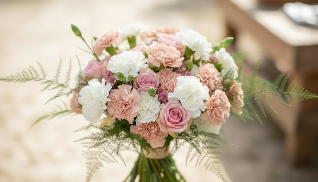 Een prachtig bruidsboeket met witte en roze bloemen, zoals rozen en pioenen, geschikt voor een zomerse bruiloft.