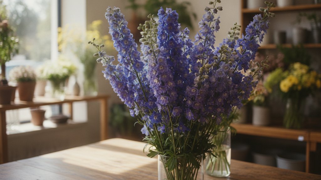 Een prachtig boeket met blauwe en paarse Ridderspoor (Delphinium) in een bloemenwinkel.
