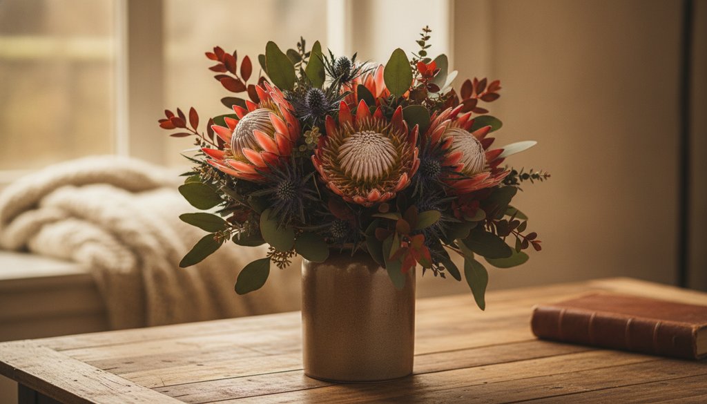 Een robuust boeket met oranje Protea's en groene bladeren, staand op een houten tafel, klaar voor Vaderdag.