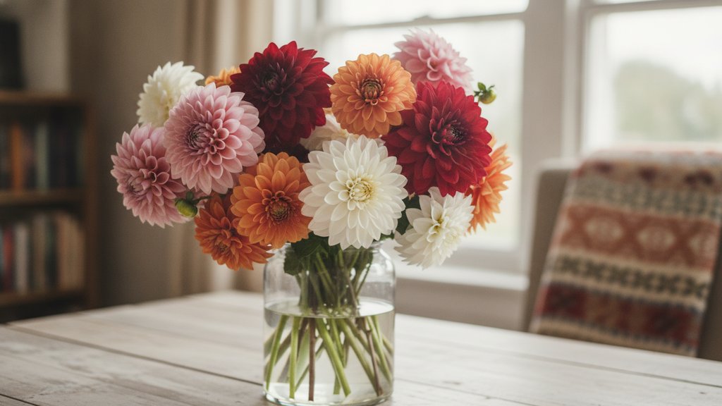 Een kleurrijk boeket met verschillende Dahlia's in diverse tinten en vormen, staand in een glazen vaas.