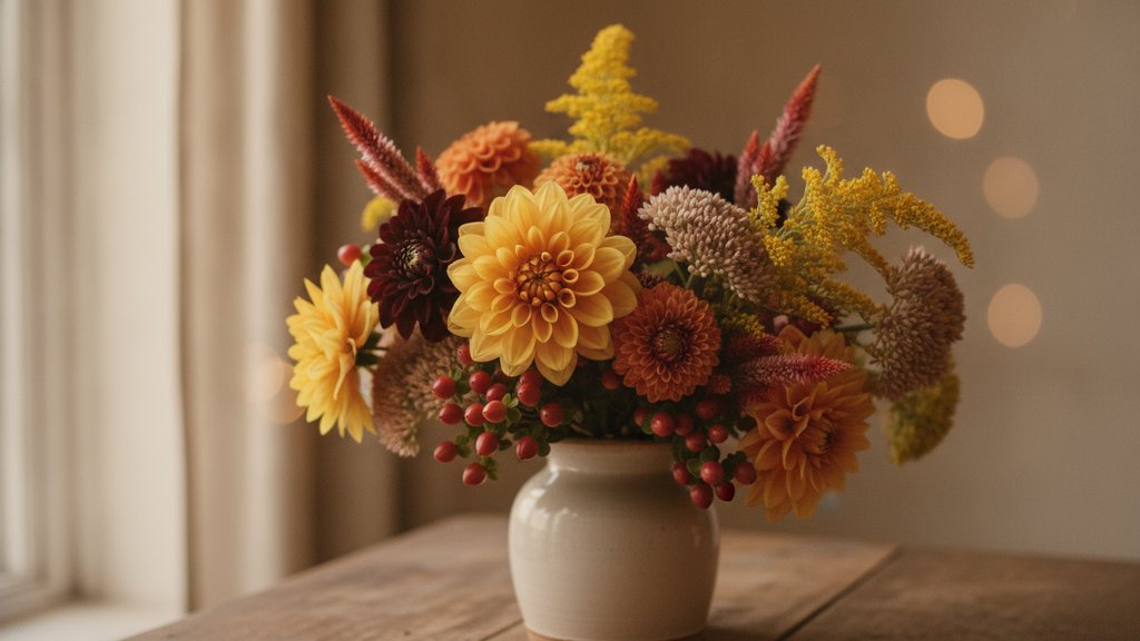 Een boeket met Dahlia's, Solidago, Sedum, Celosia en Hypericum bessen in warme herfstkleuren.