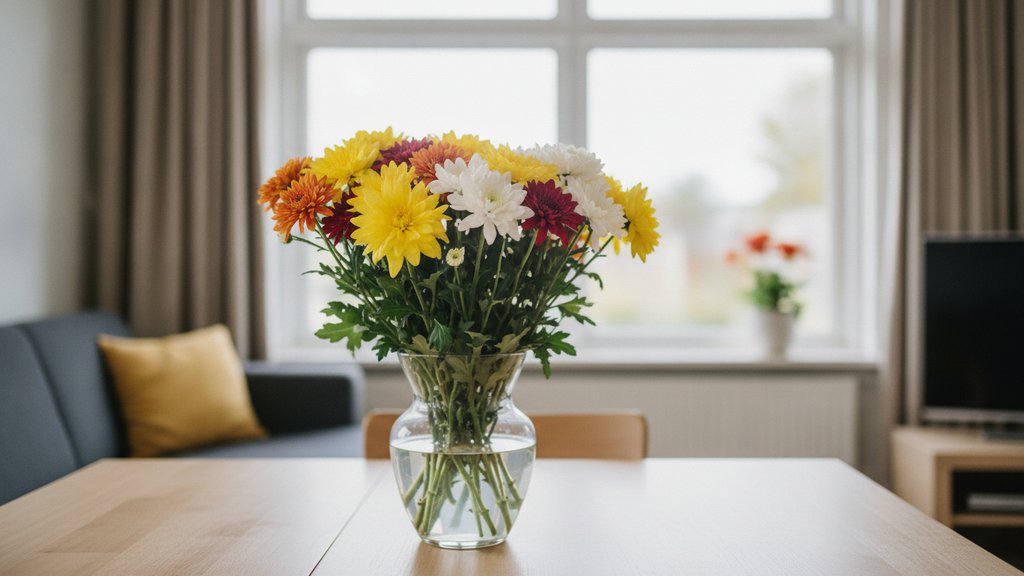 Een vaas met levendige, diverse chrysanten op een lichte tafel in een gezellige Nederlandse woonkamer.