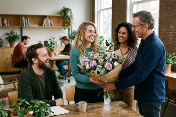 Collega's overhandigen een boeket in kraftpapier aan een collega die afscheid neemt Collega's overhandigen een boeket in kraftpapier aan een collega die afscheid neemt