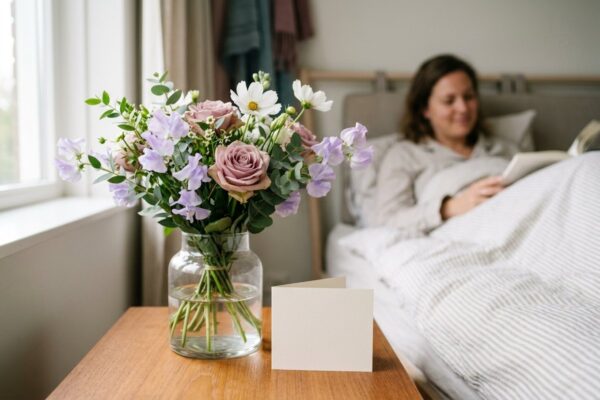 Beterschapsboeket in een vaas op het nachtkastje Beterschapsboeket in een vaas op het nachtkastje, met een zieke collega onscherp in bed op de achtergrond