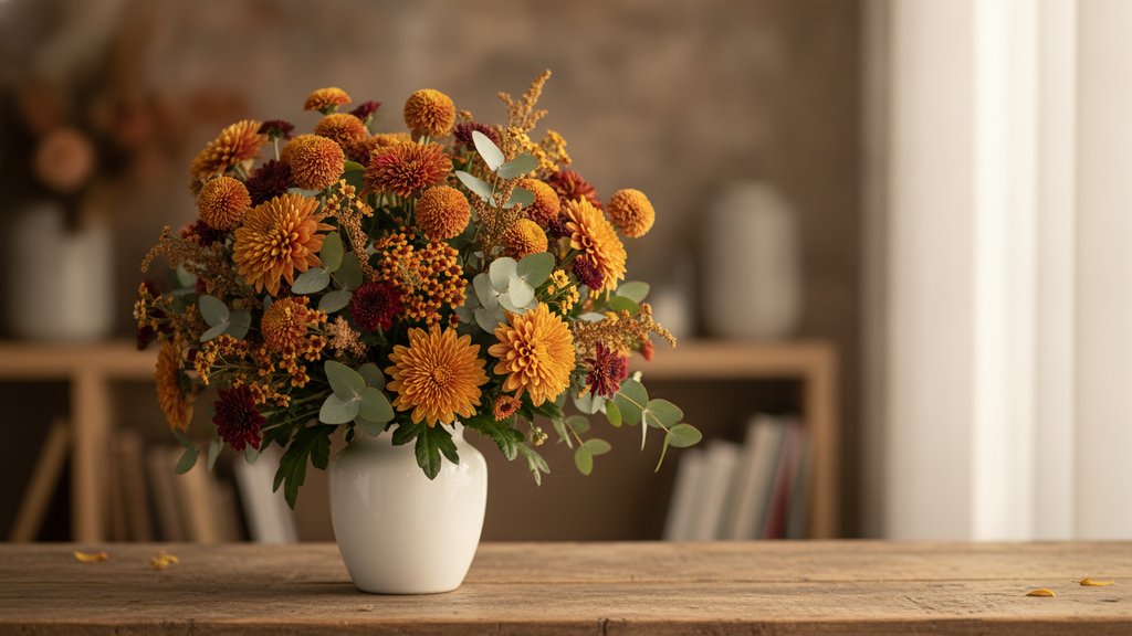 Een rijk boeket van kleurrijke chrysanten in warme herfsttinten op een houten tafel.