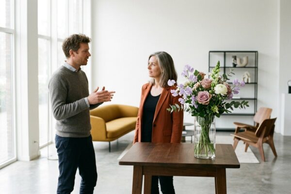 Verkoper en klant in gesprek in een showroom Verkoper en klant in gesprek in een showroom, met een groot boeket in een glazen vaas op tafel