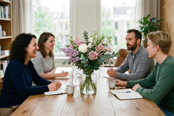 Collega's in overleg aan een vergadertafel met een vers boeket in een vaas Collega's in overleg aan een vergadertafel met een vers boeket in een vaas