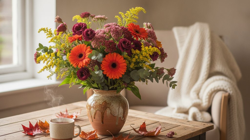 Een rijk gevuld herfstboeket met oranje gerbera's, bordeauxrode eustoma, roze sedum, gele solidago en eucalyptusblad in een rustieke vaas.