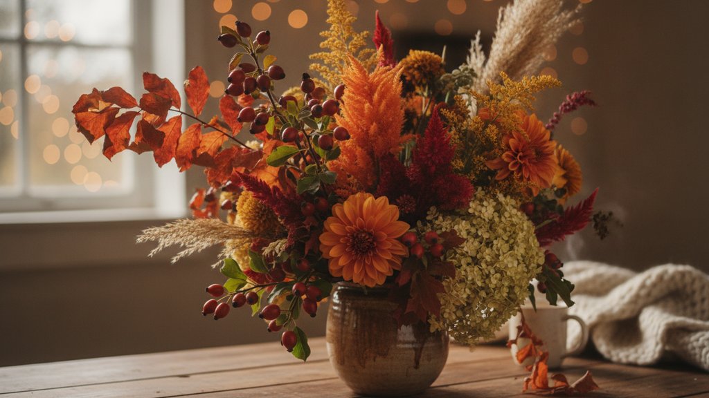 Een close-up van een herfstboeket met oranje en rode bladeren, bessen en warme bloemen.
