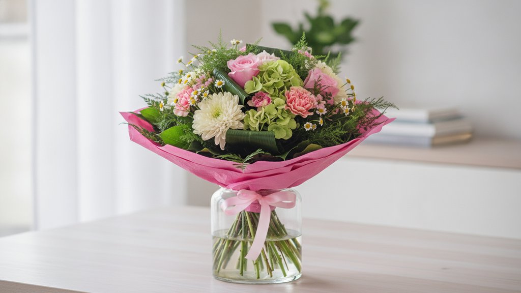 Een vrolijk boeket met verse, kleurrijke bloemen op een houten tafel, klaar om een weekend op te fleuren.