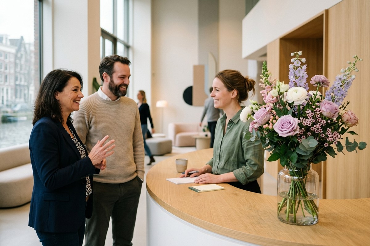 Bezoekers in gesprek aan de receptiebalie van een kantoor, met een groot boeket verse bloemen in een glazen vaas