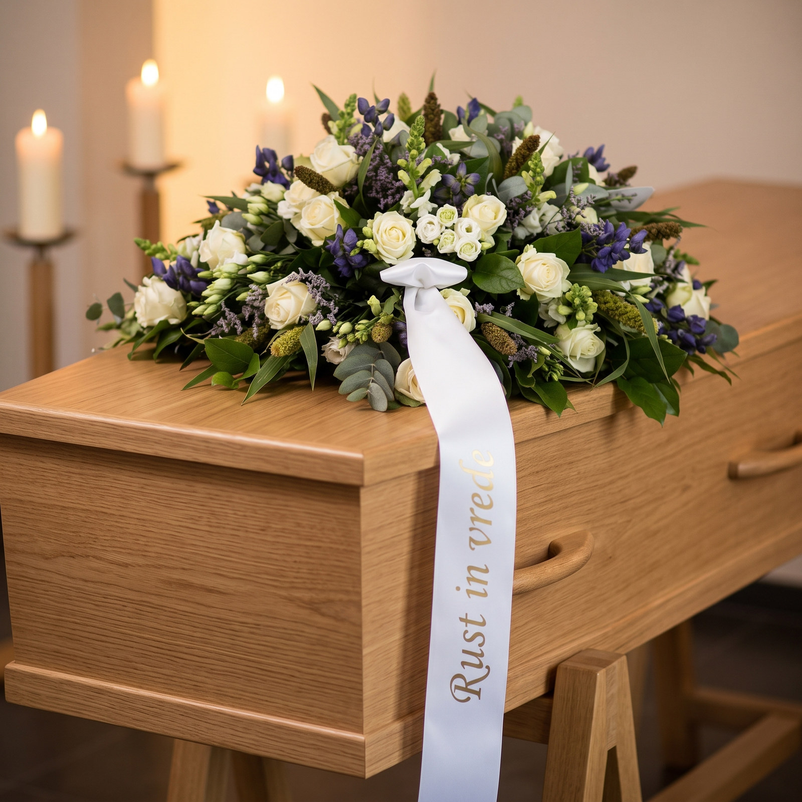 Rouwarrangement 'Afscheid nemen' met witte rozen met blauwe accenten en grijsgroen blad op een lichte eiken kist met een wit lint met de gouden tekst Rust in vrede