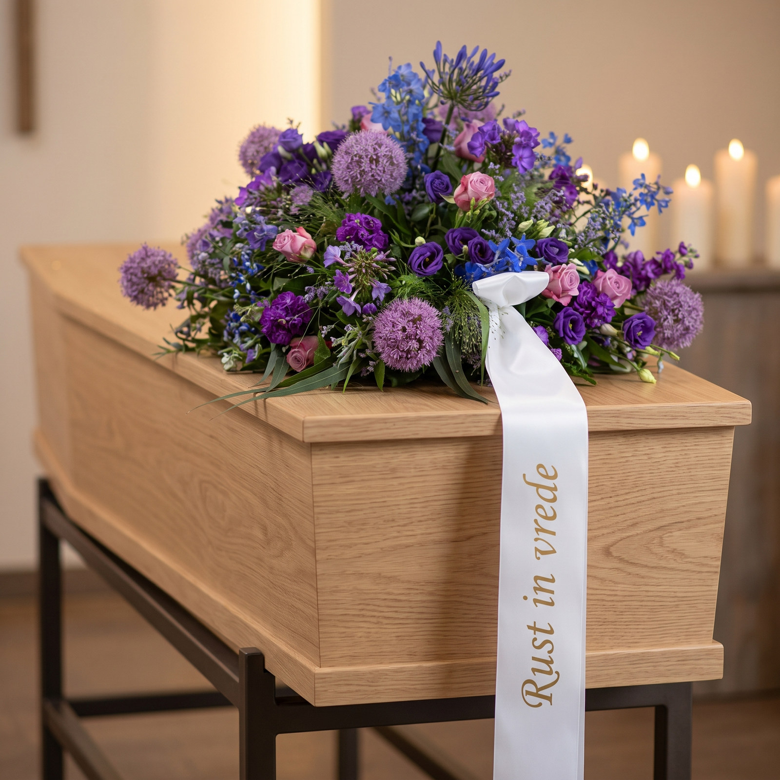 Rouwarrangement 'Blue Sky' met blauwe ridderspoor, paarse allium en blauwe bloemen op een lichte eiken kist met een wit lint met de gouden tekst Rust in vrede