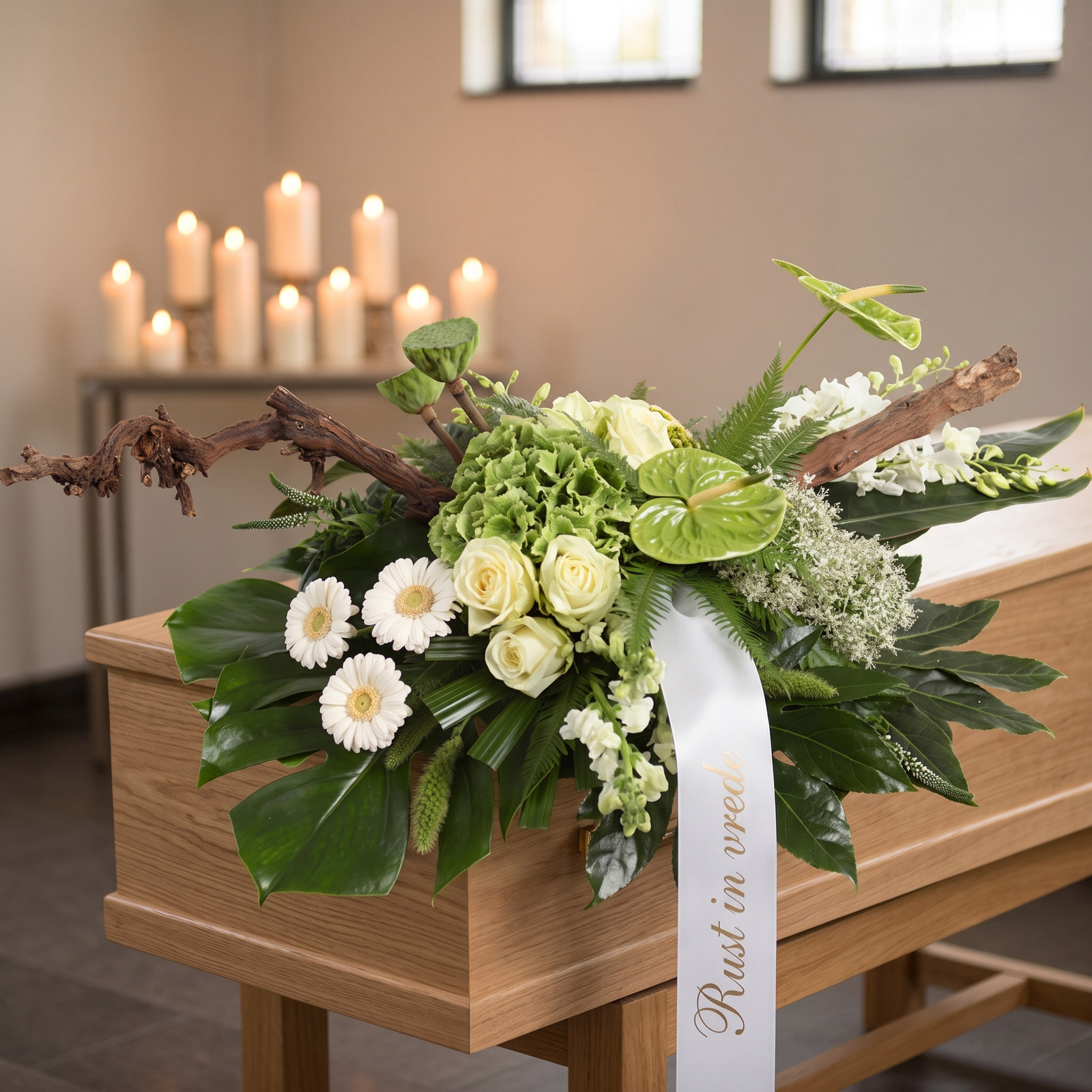 Rouwarrangement 'Ik mis je' met witte gerbera's en witte bloemen op grof blad met tak op een lichte eiken kist met een wit lint met de gouden tekst Rust in vrede