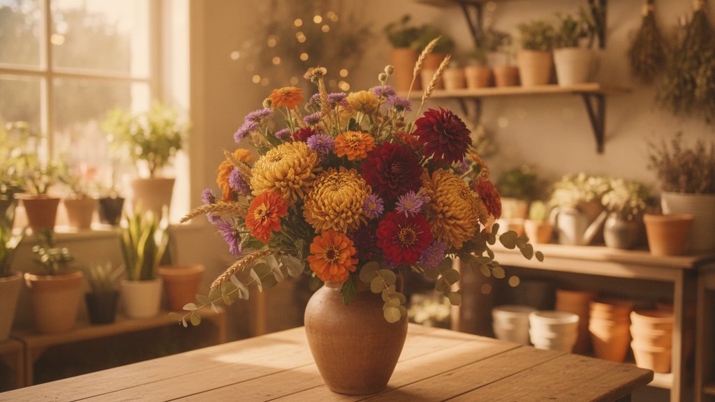 Kleurrijk boeket met verschillende bloemsoorten, waaronder chrysanten en herfstbloemen, in een bloemenwinkel.