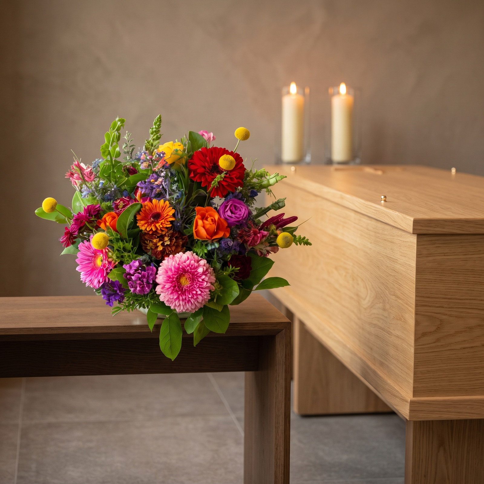 Troostboeket Solace Garden met bonte bloemen in rood, oranje, roze en geel naast een lichte eiken kist in een rustige uitvaartruimte