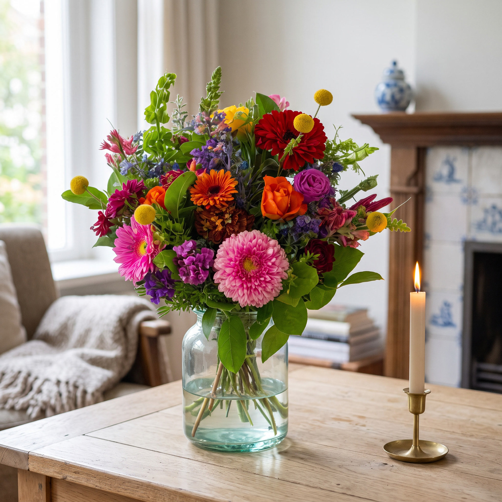 Troostboeket Solace Garden met bonte bloemen in rood, oranje, roze en geel in een vaas thuis bij een kaars