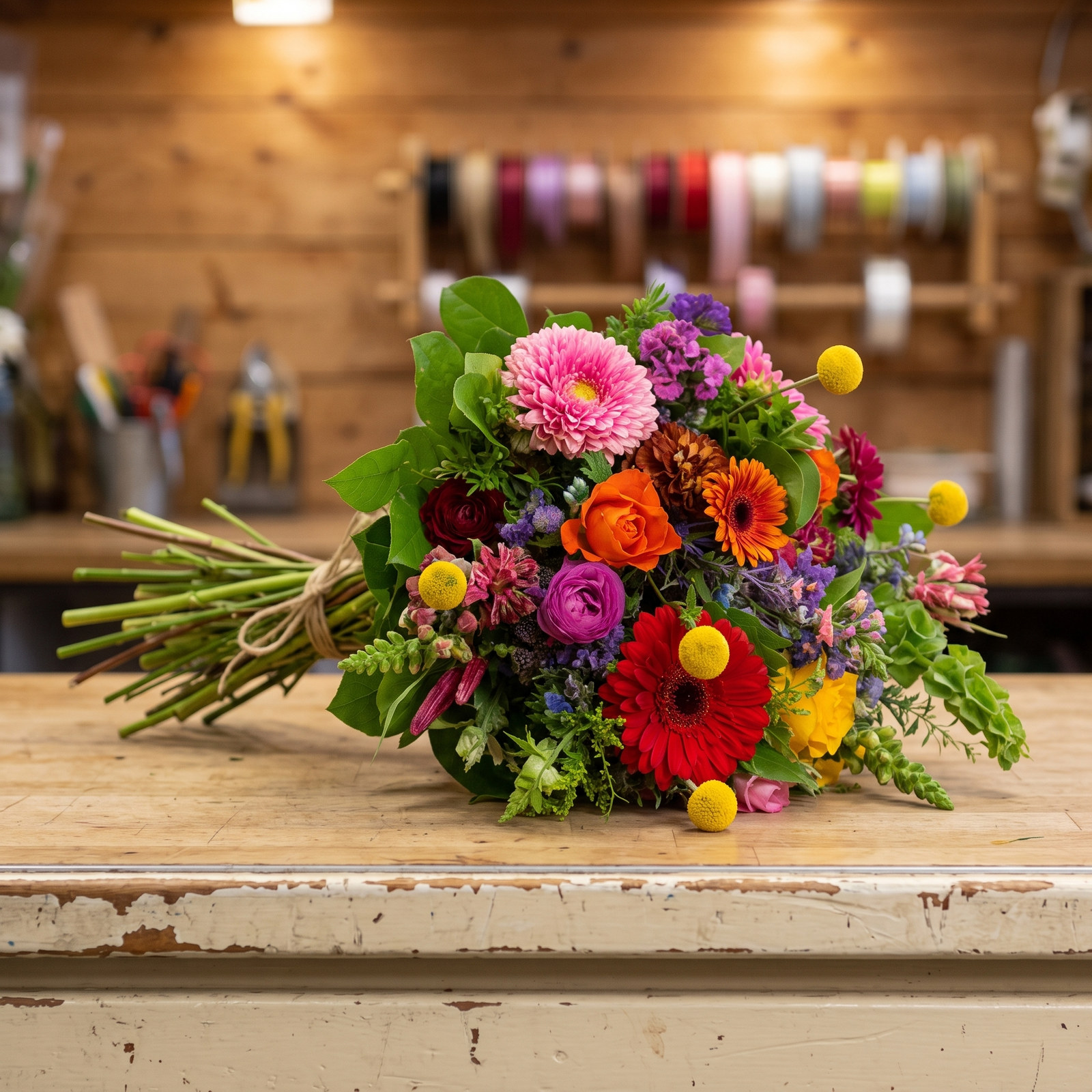 Troostboeket Solace Garden met bonte bloemen in rood, oranje, roze en geel op de werkbank van de bloemist in Leerdam