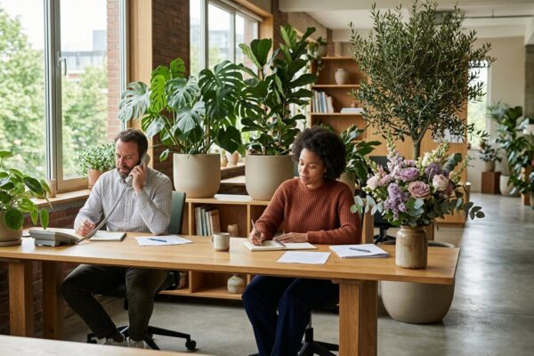 Medewerkers aan het werk op kantoor tussen grote vaste planten in potten Medewerkers aan het werk op kantoor tussen grote vaste planten in potten