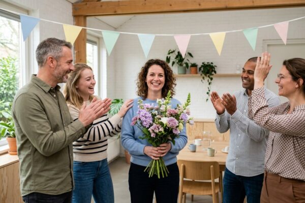 Blije collega's met vlaggetjes op kantoor Blije collega's met vlaggetjes op kantoor, de jarige met een verjaardagsboeket