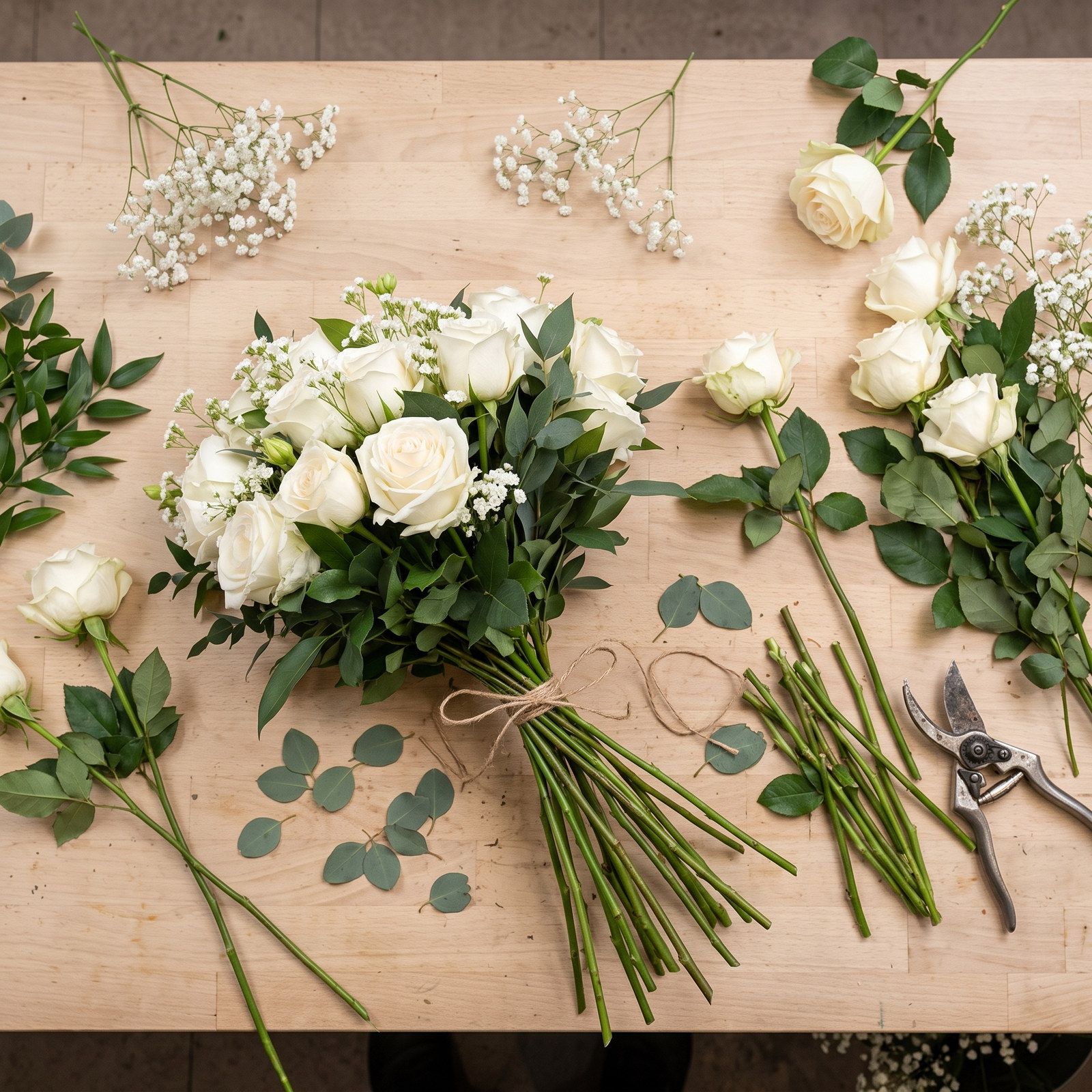 Wit boeket van de bloemist met witte rozen, gipskruid en eucalyptus in de maak op de werkbank van de bloemist