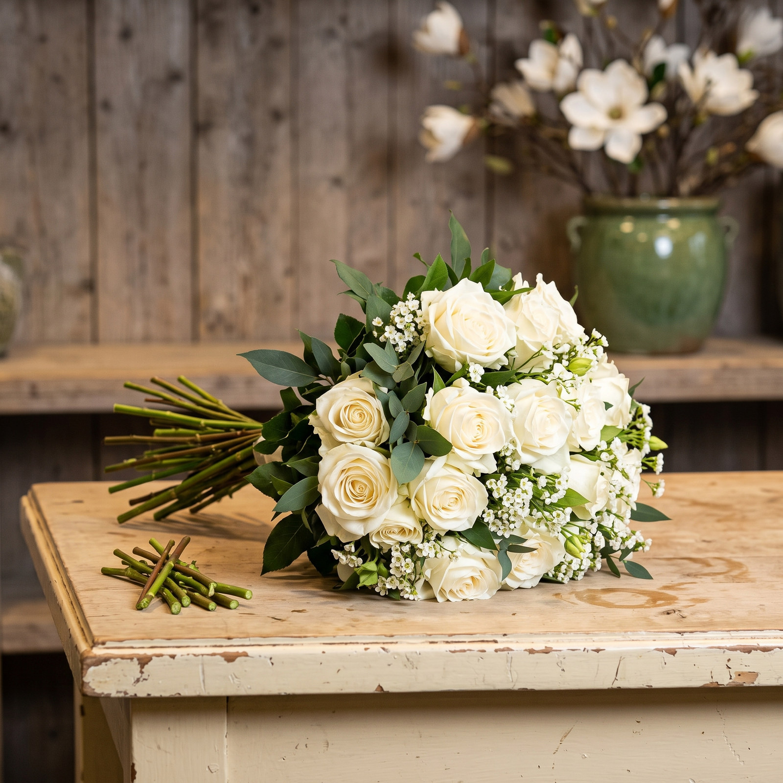 Wit boeket van de bloemist met witte rozen, gipskruid en eucalyptus op de werkbank van de bloemist in Leerdam