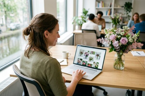 Medewerker bestelt bloemen op de laptop op kantoor Medewerker bestelt bloemen op de laptop op kantoor, met een boeket op het bureau