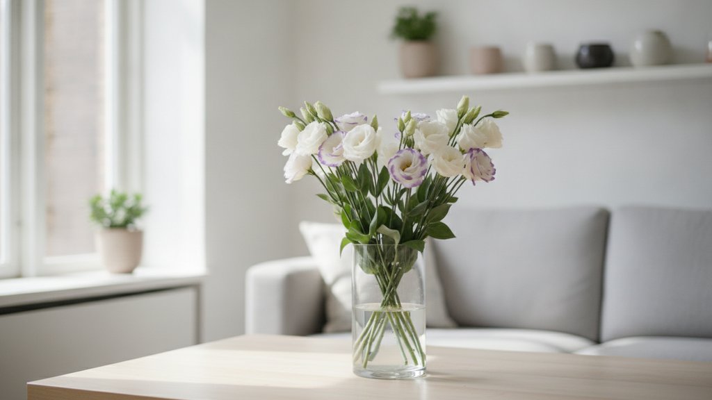Een elegant boeket van witte en zachtpaarse Lisianthus in een glazen vaas op een houten tafel