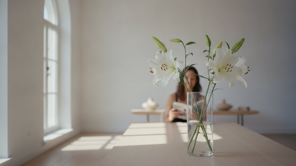 Een prachtig boeket van witte lelies in een vaas op een houten tafel in een serene, lichte kamer.
