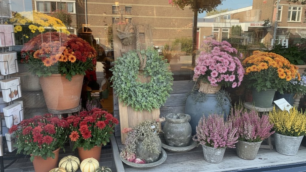Sfeervolle herfstdecoratie met potten en planten in de buitenpresentatie van Bloem & zo bij Ilse.