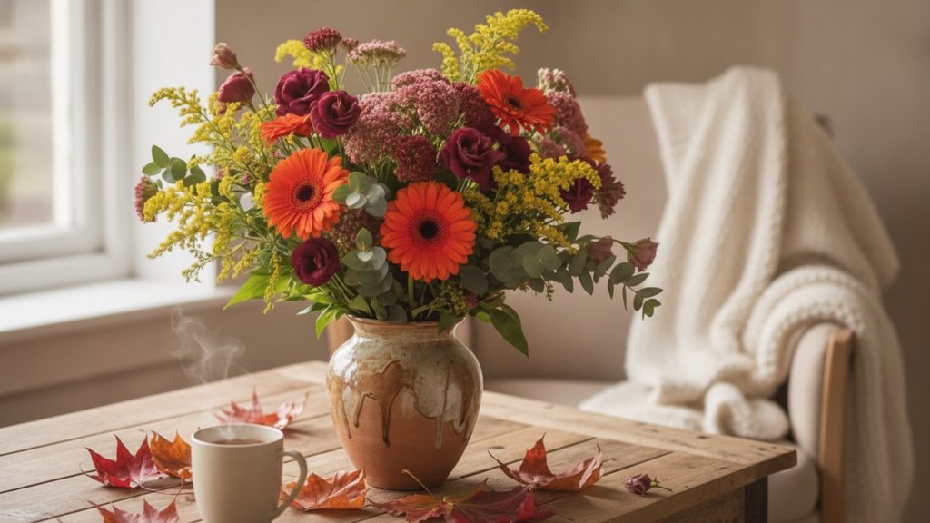 Een sfeervol herfstboeket met oranje gerbera's, paarse eustoma en eucalyptus op een houten tafel.
