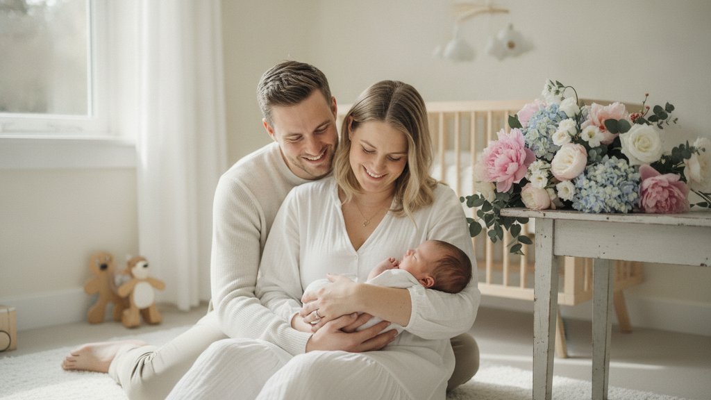 Jong Nederlands stel met pasgeboren baby in lichte kinderkamer, met bloemen op tafel.
